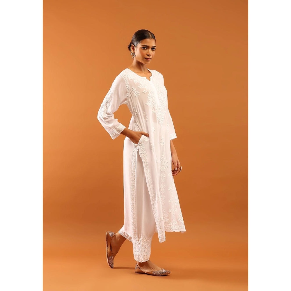 House of Chikankari Fenal Modal Chikankari Solid Womens Straight Kurta with Pockets - White