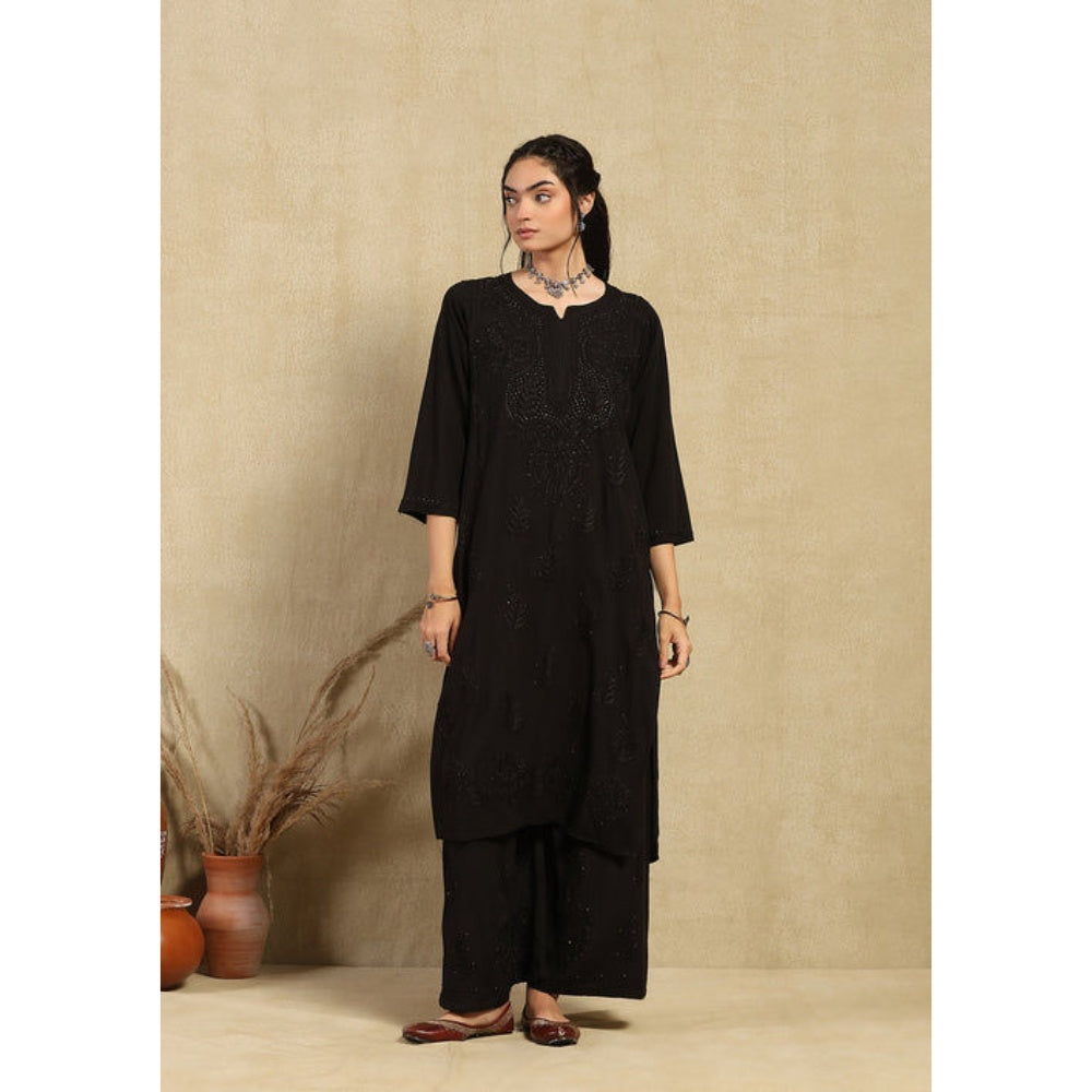 House of Chikankari Women's Black Rayon Chikankari Kurta and Palazzo