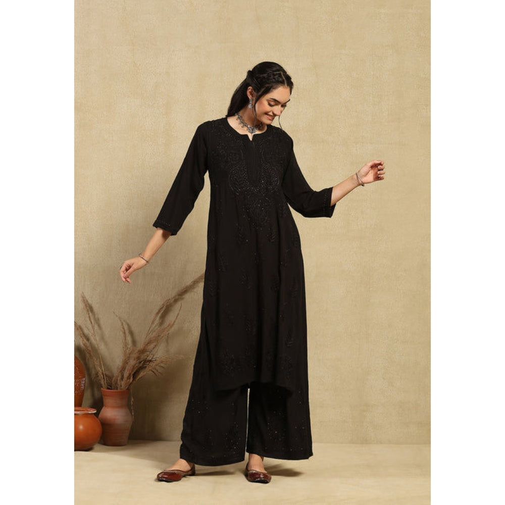 House of Chikankari Women's Black Rayon Chikankari Kurta and Palazzo