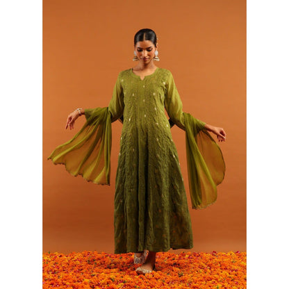 House of Chikankari Women's Olive Silk Chikankari Kurta and Salwar with Dupatta