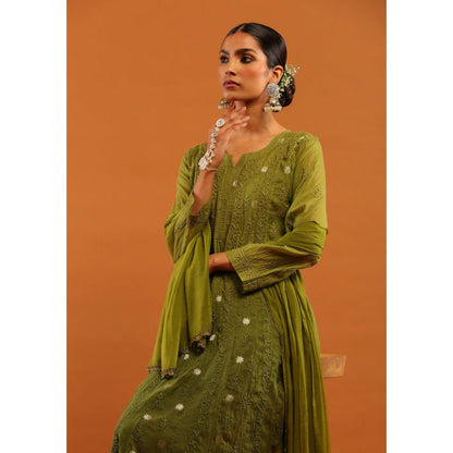 House of Chikankari Women's Olive Silk Chikankari Kurta and Salwar with Dupatta