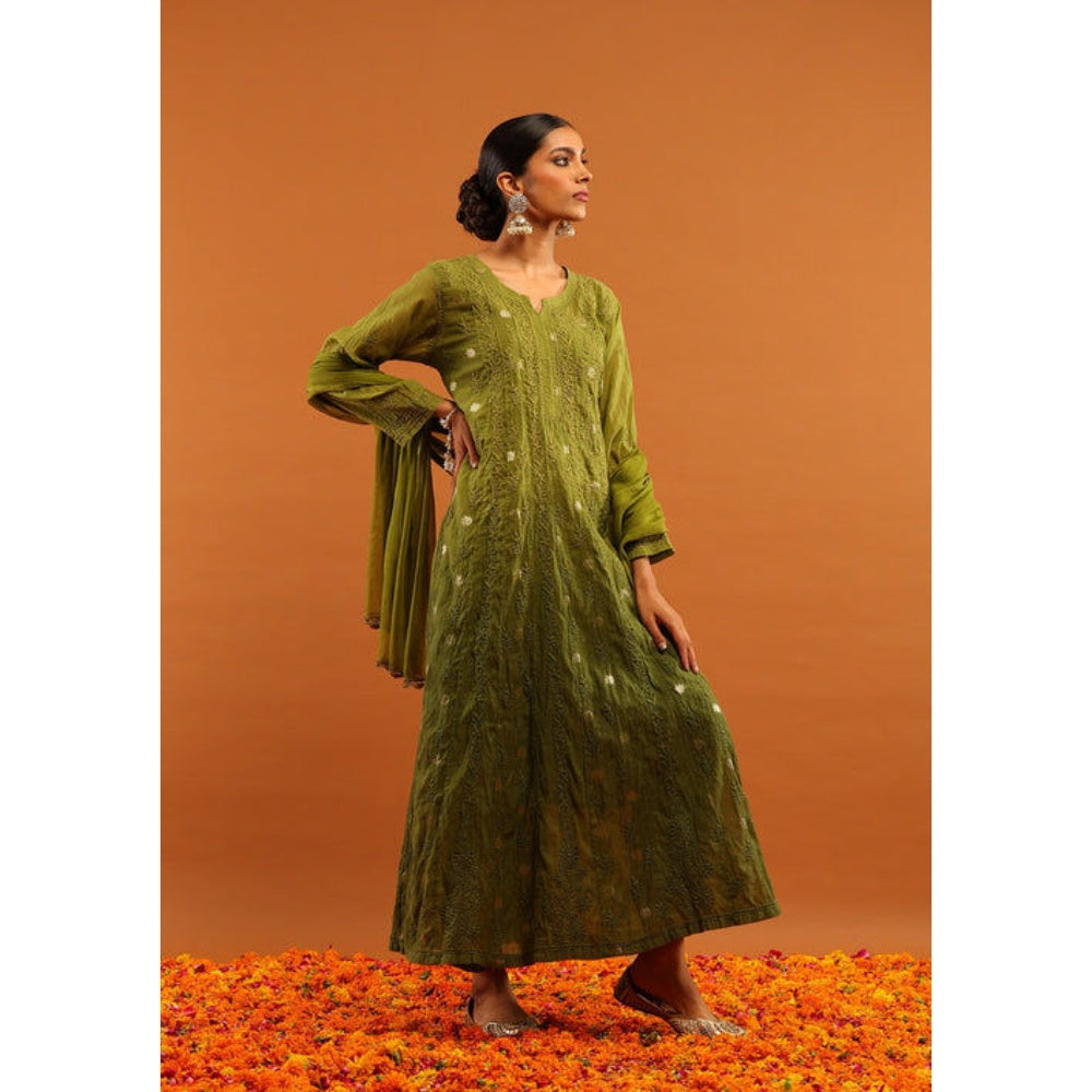 House of Chikankari Women's Olive Silk Chikankari Kurta and Salwar with Dupatta