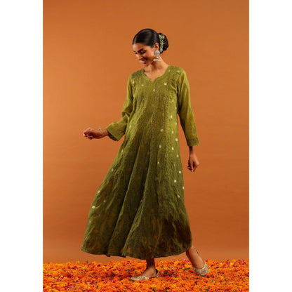 House of Chikankari Women's Olive Silk Chikankari Kurta and Salwar with Dupatta