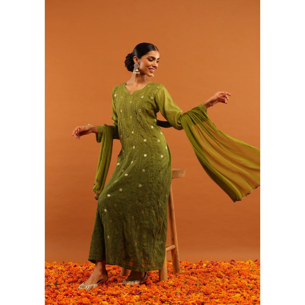 House of Chikankari Women's Olive Silk Chikankari Kurta and Salwar with Dupatta