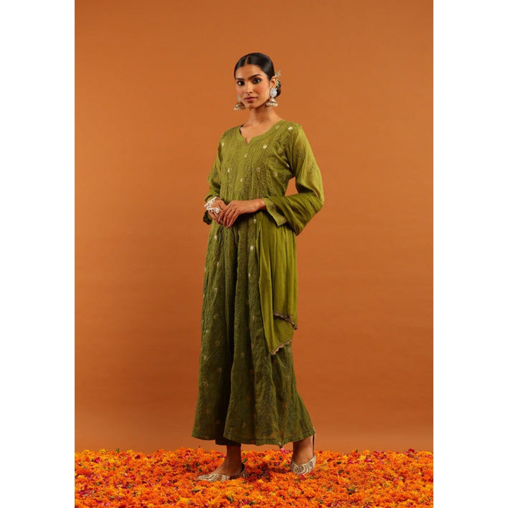 House of Chikankari Women's Olive Silk Chikankari Kurta and Salwar with Dupatta