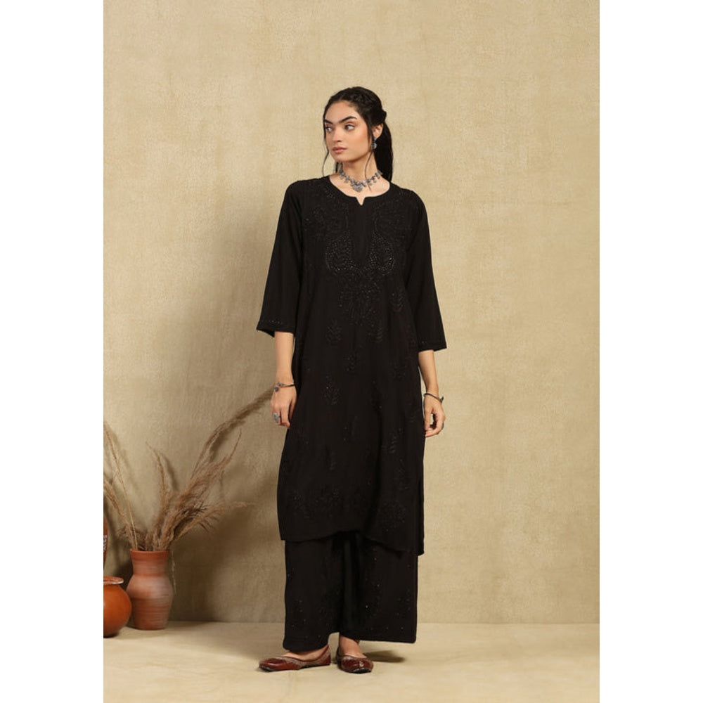 House of Chikankari Women's Black Rayon Chikankari Kurta and Palazzo