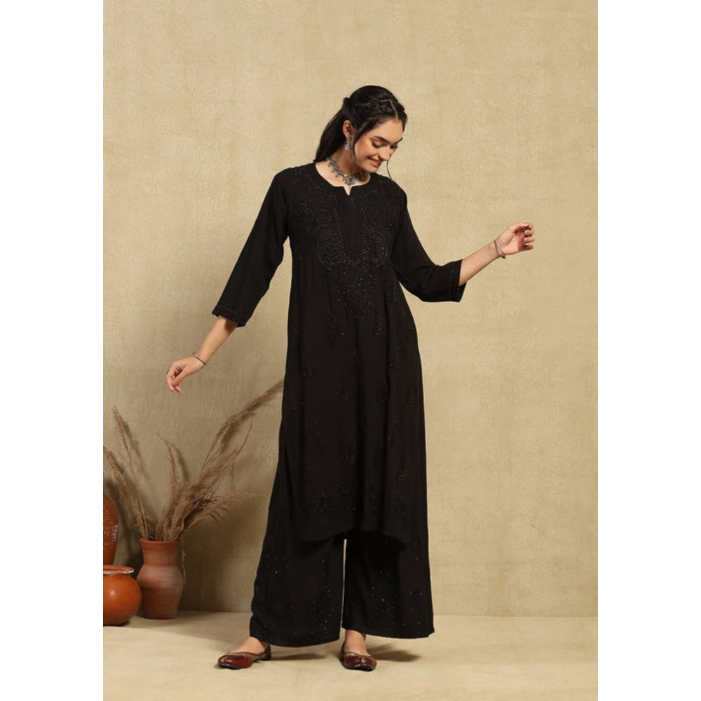 House of Chikankari Women's Black Rayon Chikankari Kurta and Palazzo