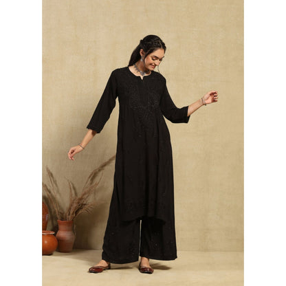 House of Chikankari Women's Black Rayon Chikankari Kurta and Palazzo