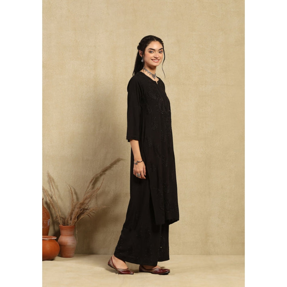 House of Chikankari Women's Black Rayon Chikankari Kurta and Palazzo