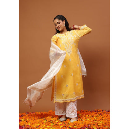 House of Chikankari Women's Mustard Chanderi Chikankari Kurta and Palazzo Wit Dupatta