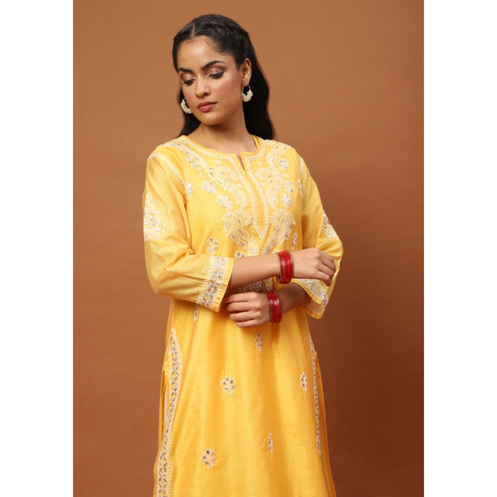 House of Chikankari Women's Mustard Chanderi Chikankari Kurta and Palazzo Wit Dupatta