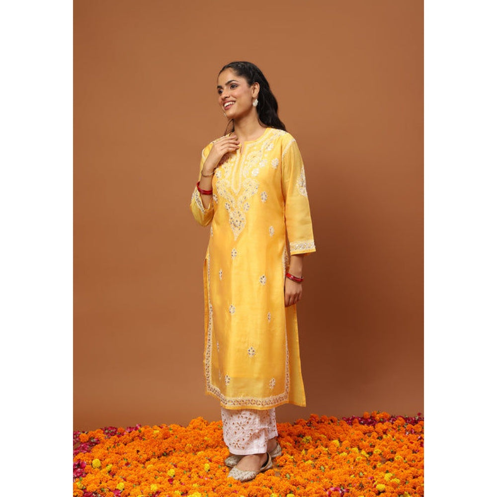House of Chikankari Women's Mustard Chanderi Chikankari Kurta and Palazzo Wit Dupatta