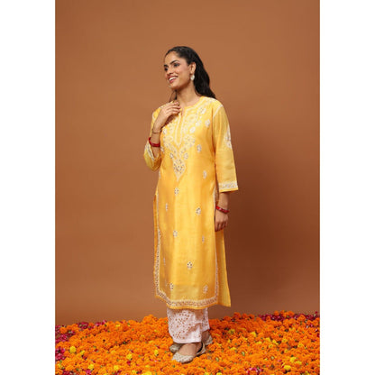 House of Chikankari Women's Mustard Chanderi Chikankari Kurta and Palazzo Wit Dupatta