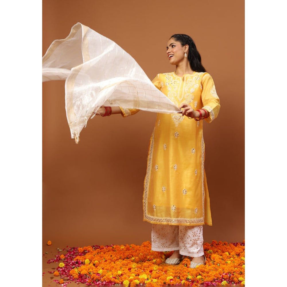House of Chikankari Women's Mustard Chanderi Chikankari Kurta and Palazzo Wit Dupatta