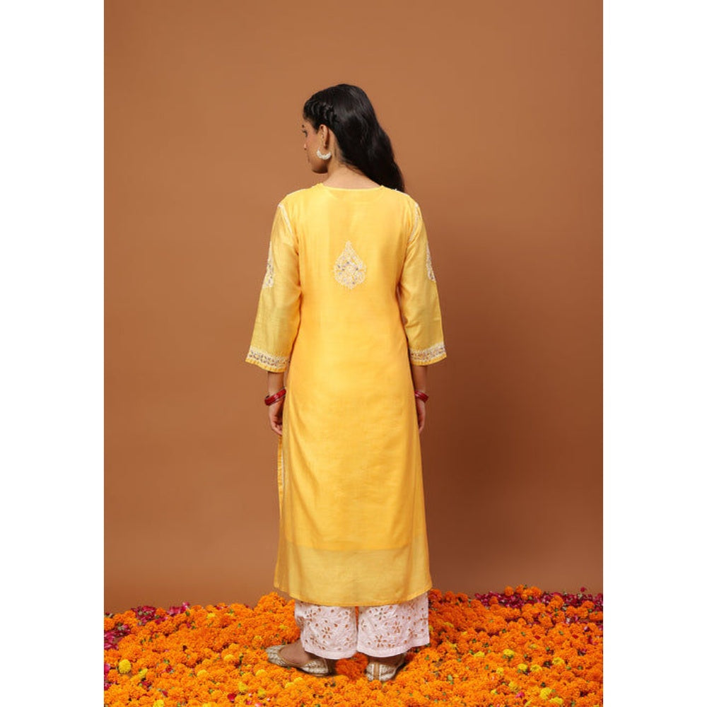 House of Chikankari Women's Mustard Chanderi Chikankari Kurta and Palazzo Wit Dupatta
