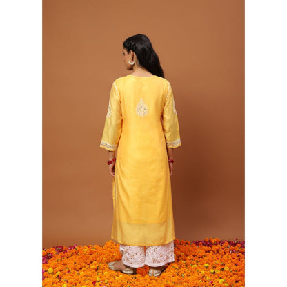 House of Chikankari Women's Mustard Chanderi Chikankari Kurta and Palazzo Wit Dupatta