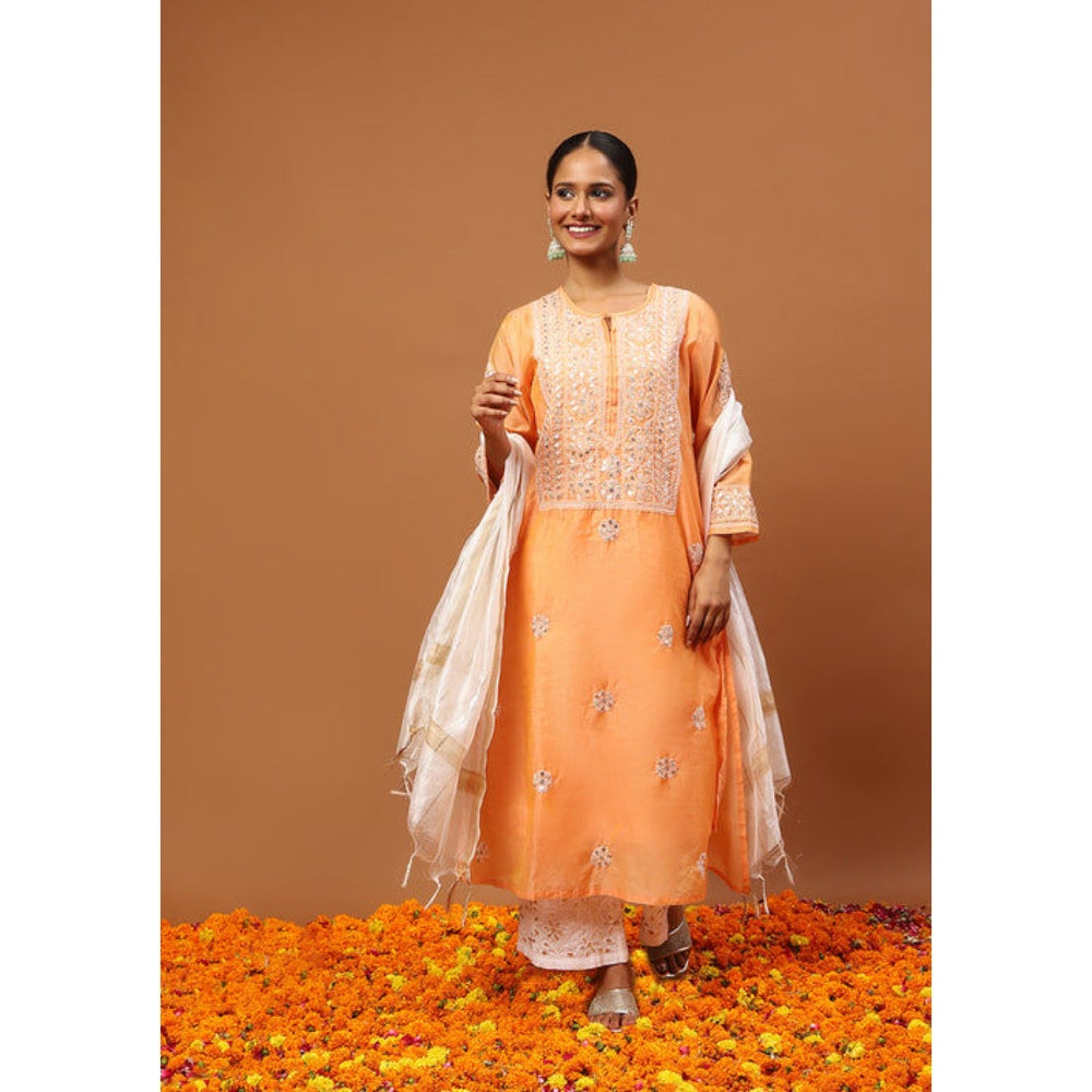 House of Chikankari Women's Orange Chanderi Chikankari Kurta and Palazzo Wit Dupatta