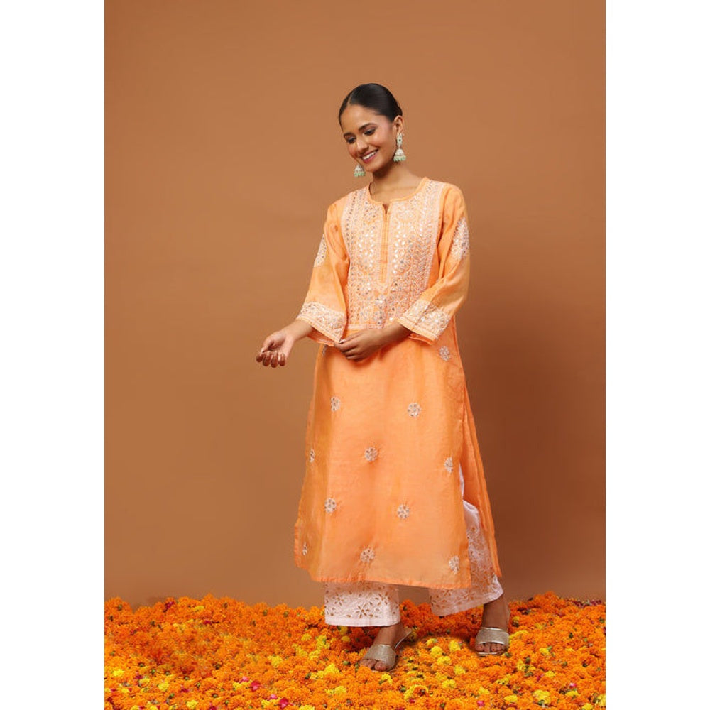 House of Chikankari Women's Orange Chanderi Chikankari Kurta and Palazzo Wit Dupatta