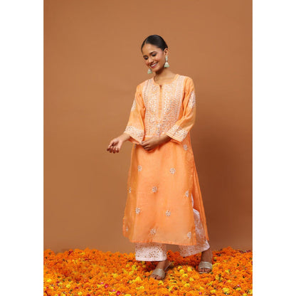 House of Chikankari Women's Orange Chanderi Chikankari Kurta and Palazzo Wit Dupatta