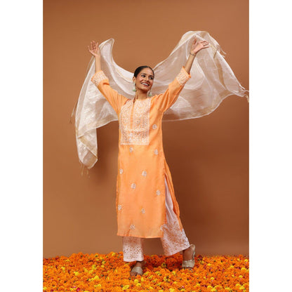 House of Chikankari Women's Orange Chanderi Chikankari Kurta and Palazzo Wit Dupatta