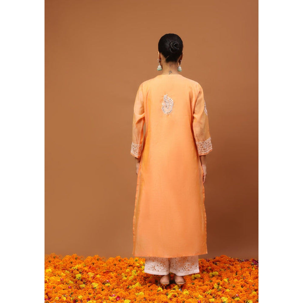 House of Chikankari Women's Orange Chanderi Chikankari Kurta and Palazzo Wit Dupatta
