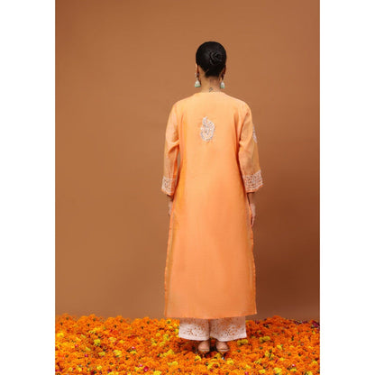House of Chikankari Women's Orange Chanderi Chikankari Kurta and Palazzo Wit Dupatta