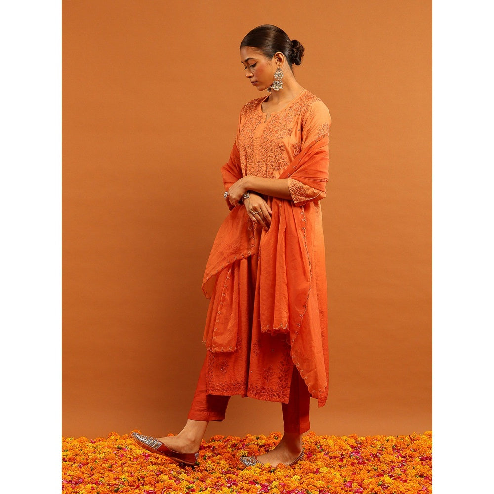 House of Chikankari Women's Peach Chanderi Chikankari Kurta and Pant