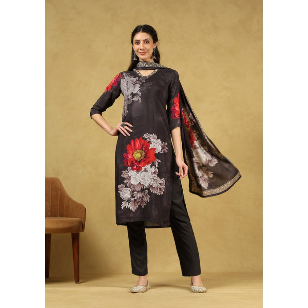 House of Chikankari Women's Black Muslin Printed Kurta and Pant with Dupatta