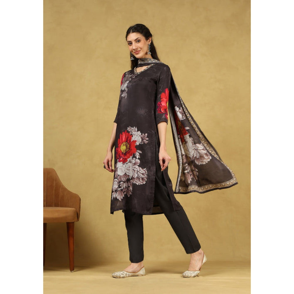 House of Chikankari Women's Black Muslin Printed Kurta and Pant with Dupatta