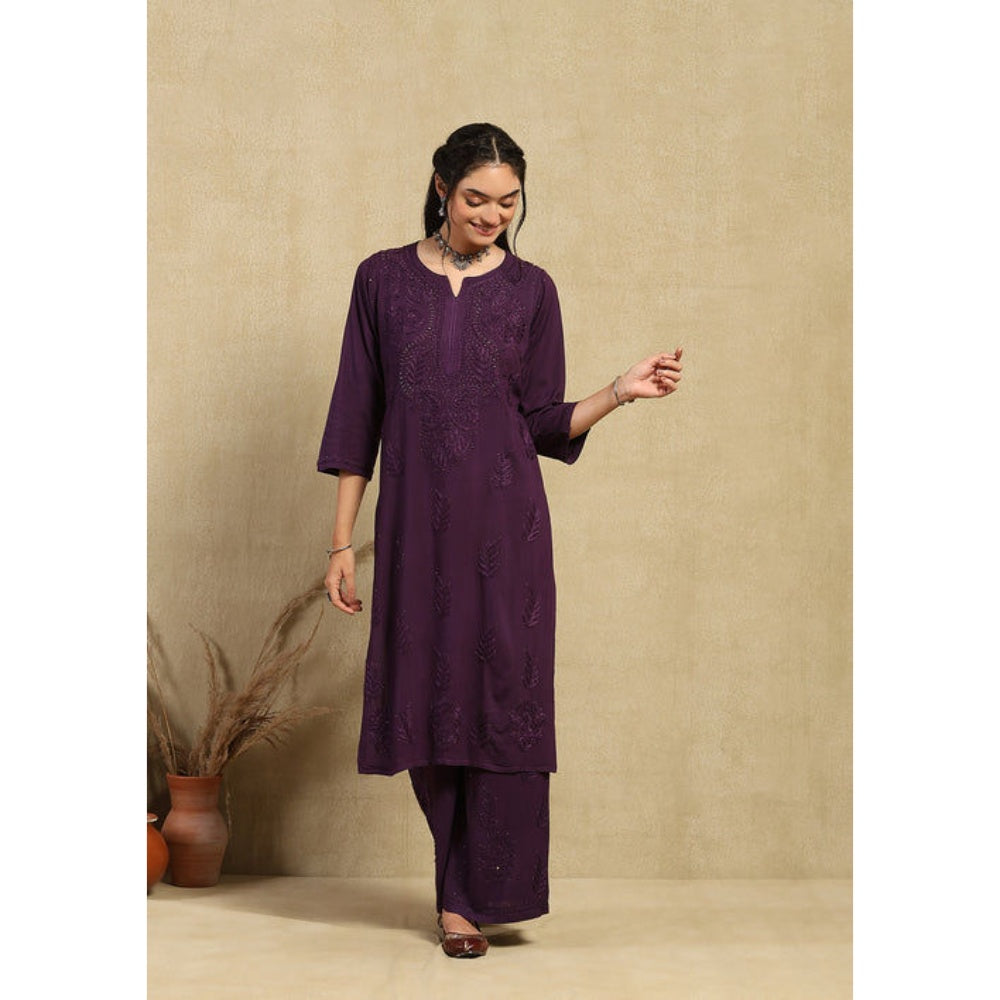 House of Chikankari Women's Purple Rayon Chikankari Kurta and Palazzo