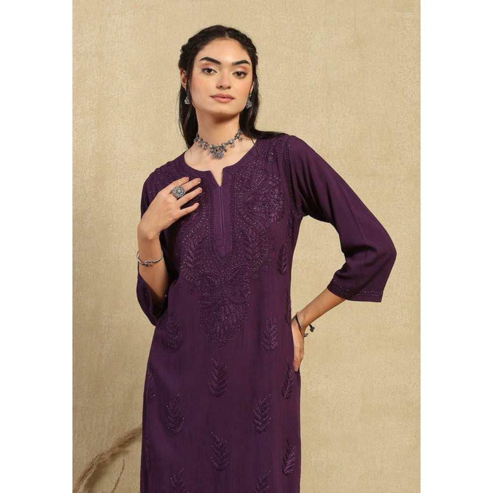 House of Chikankari Women's Purple Rayon Chikankari Kurta and Palazzo