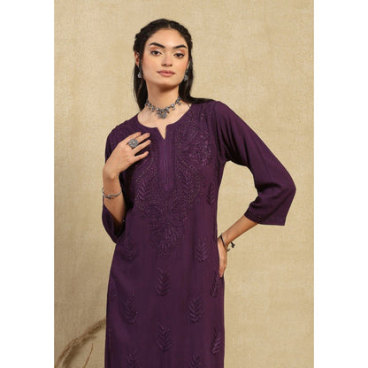 House of Chikankari Women's Purple Rayon Chikankari Kurta and Palazzo