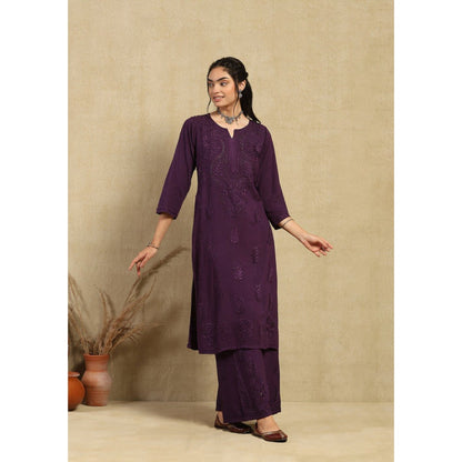 House of Chikankari Women's Purple Rayon Chikankari Kurta and Palazzo