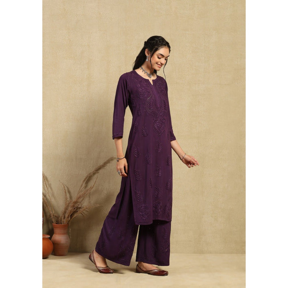 House of Chikankari Women's Purple Rayon Chikankari Kurta and Palazzo