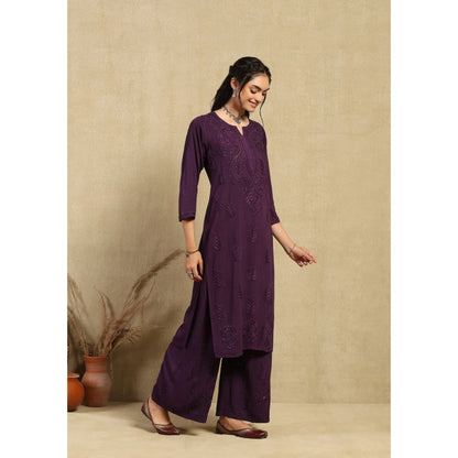 House of Chikankari Women's Purple Rayon Chikankari Kurta and Palazzo