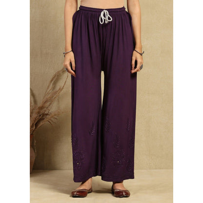House of Chikankari Women's Purple Rayon Chikankari Kurta and Palazzo
