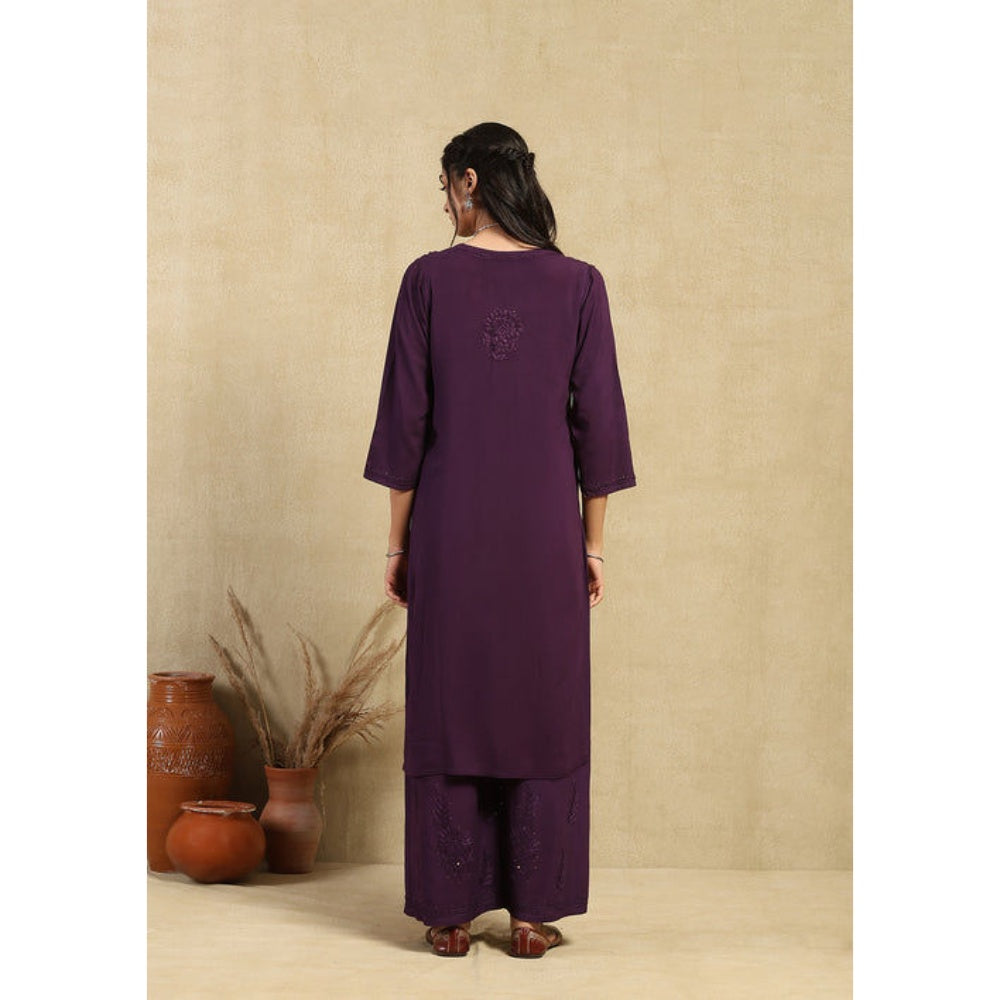 House of Chikankari Women's Purple Rayon Chikankari Kurta and Palazzo