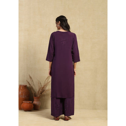 House of Chikankari Women's Purple Rayon Chikankari Kurta and Palazzo