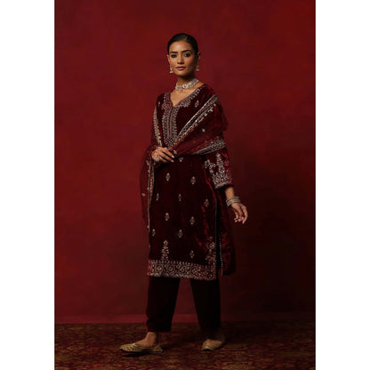 House of Chikankari Maroon Hoc Velvet Embroidered Women's Kurta With Pant And Dupatta