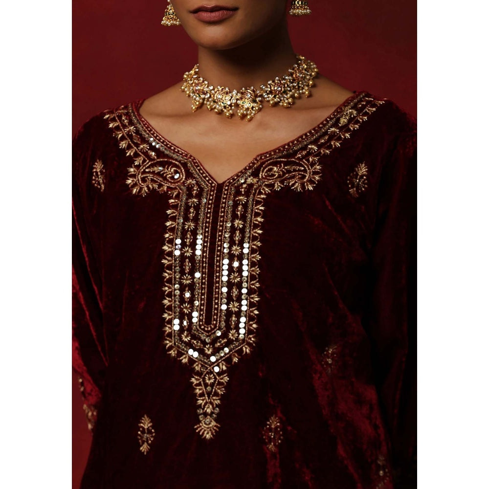 House of Chikankari Maroon Hoc Velvet Embroidered Women's Kurta With Pant And Dupatta