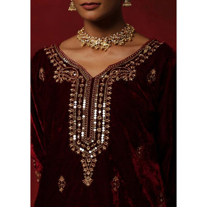 House of Chikankari Maroon Hoc Velvet Embroidered Women's Kurta With Pant And Dupatta