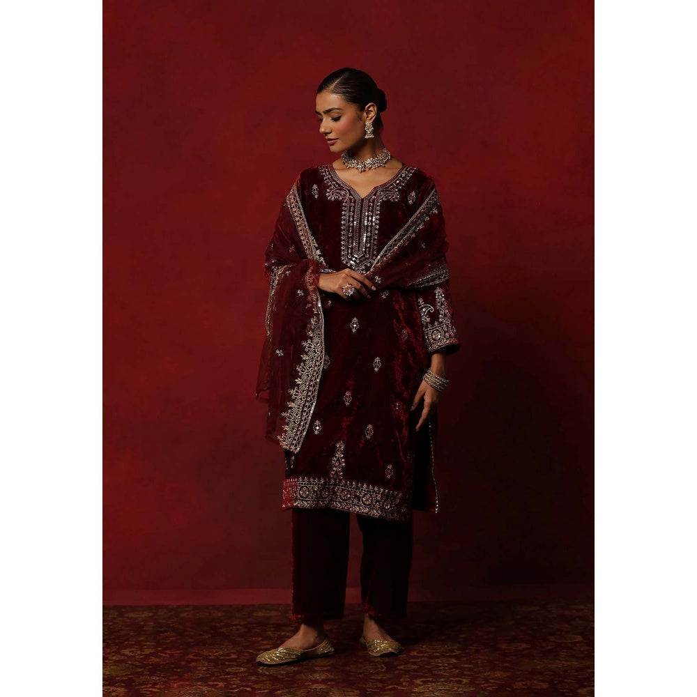 House of Chikankari Maroon Hoc Velvet Embroidered Women's Kurta With Pant And Dupatta