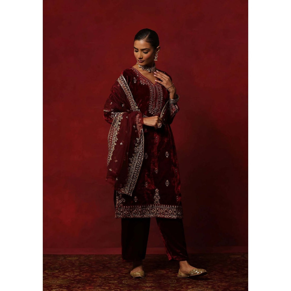 House of Chikankari Maroon Hoc Velvet Embroidered Women's Kurta With Pant And Dupatta