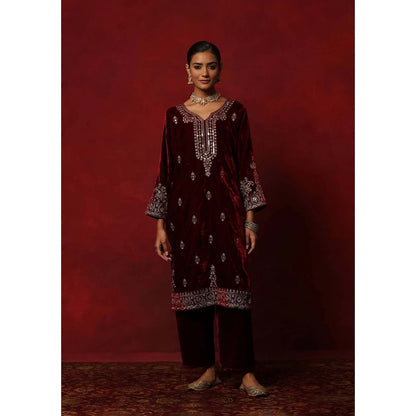 House of Chikankari Maroon Hoc Velvet Embroidered Women's Kurta With Pant And Dupatta