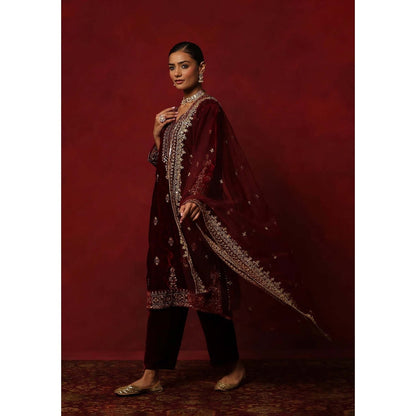 House of Chikankari Maroon Hoc Velvet Embroidered Women's Kurta With Pant And Dupatta