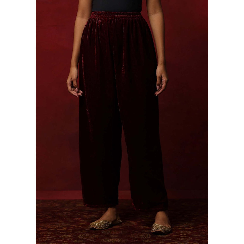 House of Chikankari Maroon Hoc Velvet Embroidered Women's Kurta With Pant And Dupatta