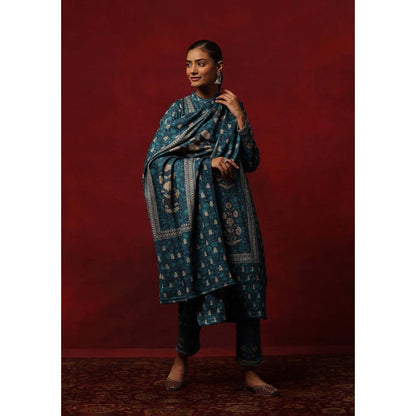 House of Chikankari Teal Woollen Printed Women's Kurta With Pant And Dupatta