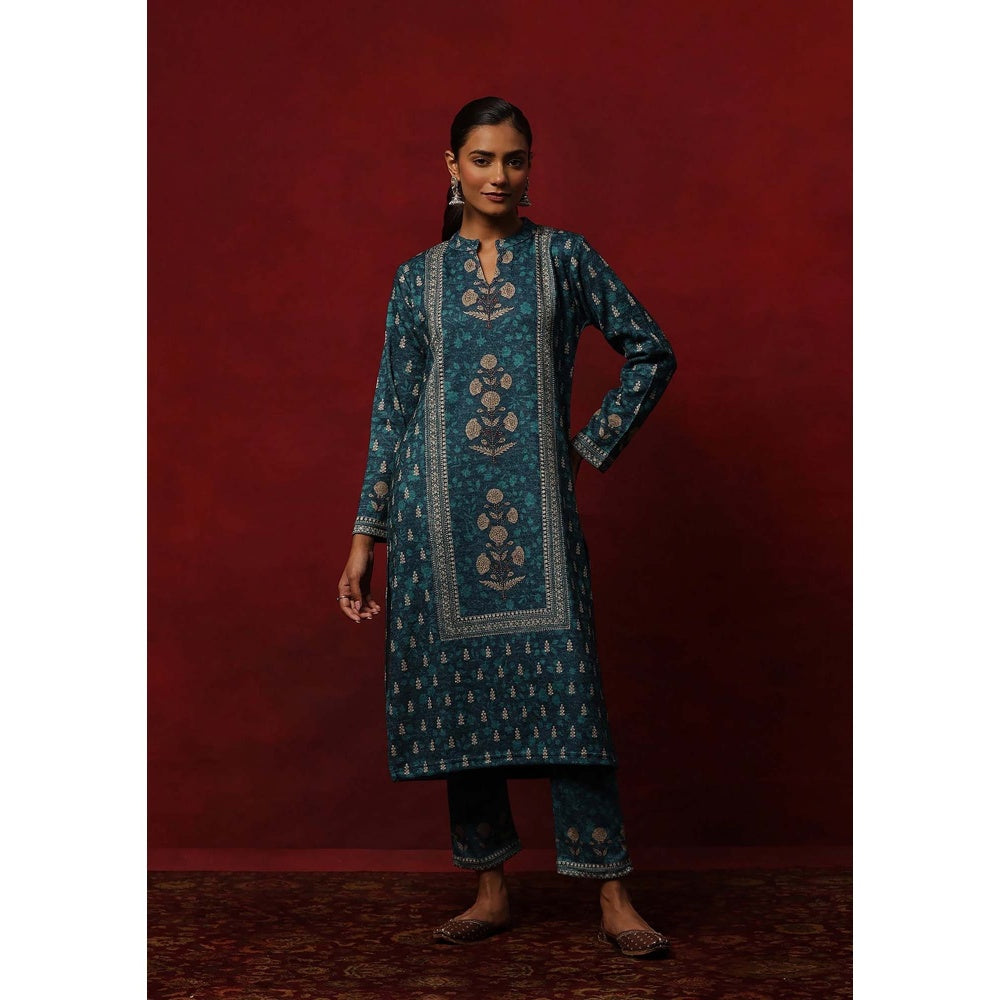House of Chikankari Teal Woollen Printed Women's Kurta With Pant And Dupatta