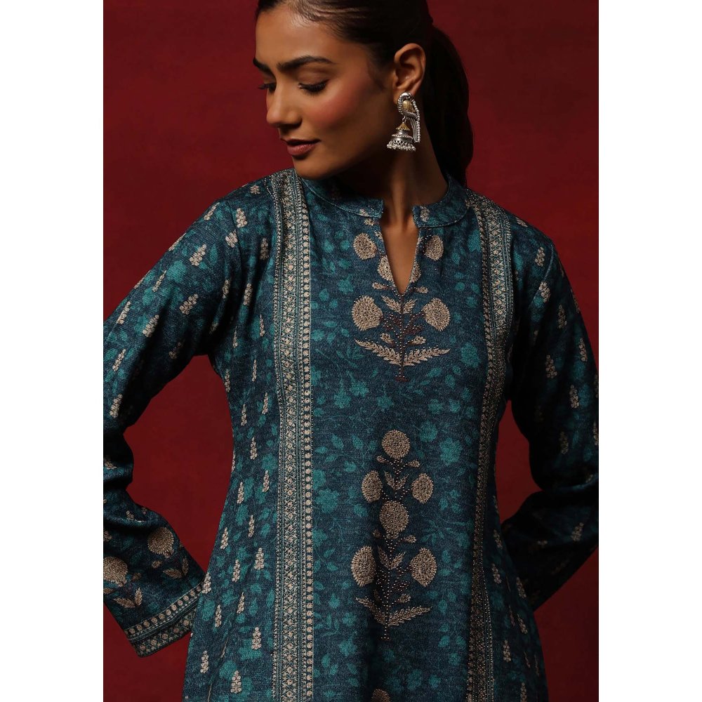 House of Chikankari Teal Woollen Printed Women's Kurta With Pant And Dupatta