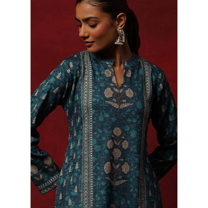 House of Chikankari Teal Woollen Printed Women's Kurta With Pant And Dupatta